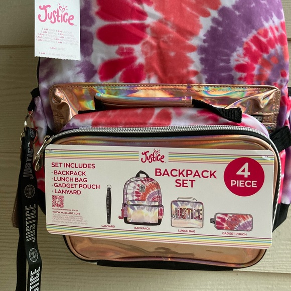 4 Piece Justice Metallic Pink Girls Backpack - Picture 2 of 8